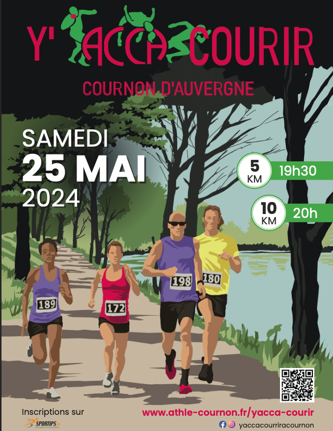 Y ACCA Courir à Cournon d'Auvergne 5 & 10 km mesurés le samedi 25 mai à partir de 19h30. Inscriptions sur https://sportips.fr/inscription.php 